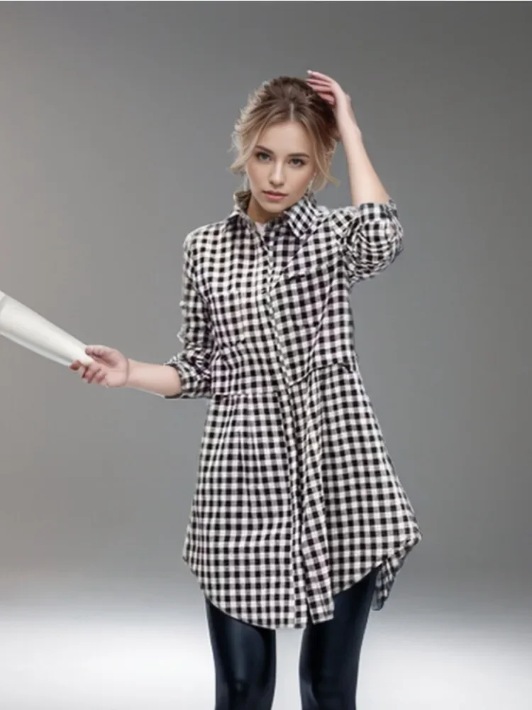 New Korean Fashion Blouses Plaid Button Solid Midi Autumn Shirt Female Plus Size All-match Loose Long Sleeve Polo-Neck Blouse