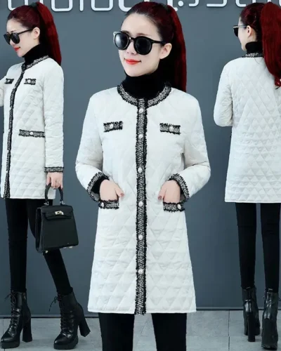 2023 Winter Women's New Korean Loose Cotton-padded Jacket Diamond Lattice Light Down Cotton Female Mid Length Slim Padded Coat