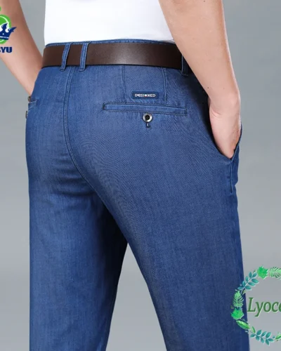 Summer Natural Lyocell Business Jeans Men Thin Classic Stretch Straight Office Denim Pants Male Brand Trousers Plus Size 40 42