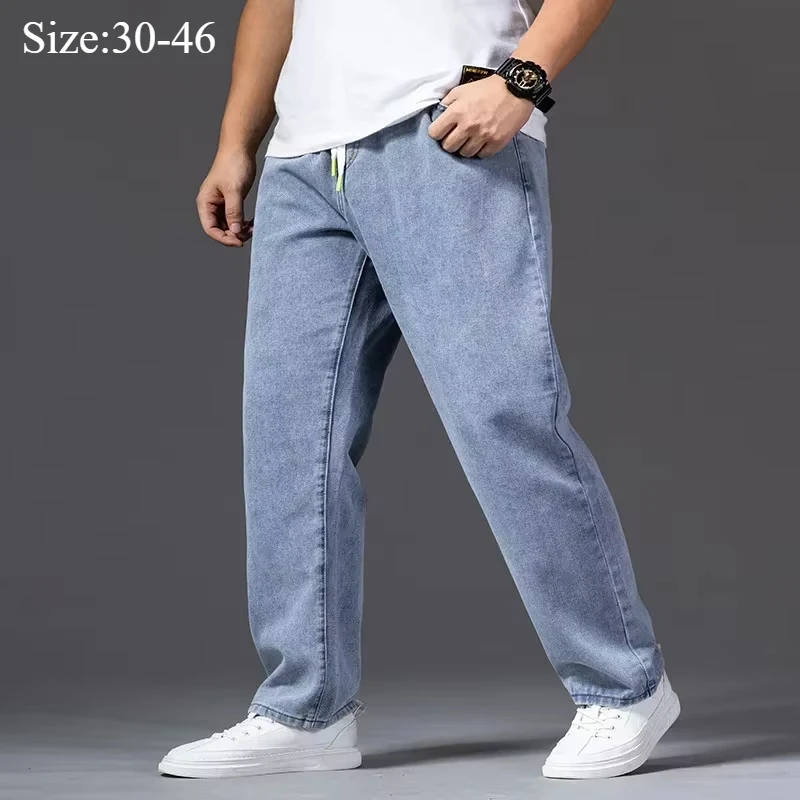 Thick Jeans Wide Leg For Men Autumn Straight 140KG Stretched Gray Denim Trousers Elastic Waist Plus Size 42 44 46 Male Pants