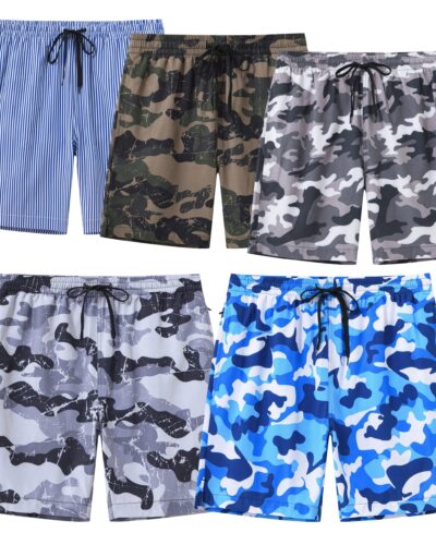 Summer Men's Swim Trunks Quick Dry Beach Surf Shorts, Camouflage Strip Shorts with Zipper Pockets and Mesh Lining