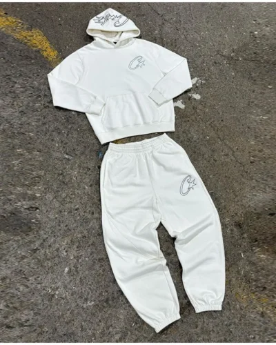 Y2K Unisex White Hoodie and Jogger Set, Casual Sportswear, Comfortable Sweatshirt and Pants, Trendy Outfit for Men and Women