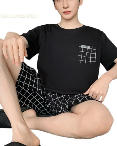 Summer Faux Cotton Knitted Short Sleeved Mens Pajamas Sets Polka Dots Black Pajama For Men Sleepwear Suits Homewear Big 4XL Size