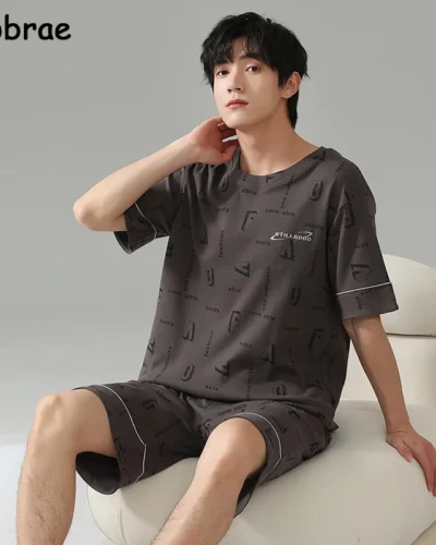 Summer Solid Mens Pajamas Set Short Tops Shorts Pijamas Cotton Men Sleepwear Fashion Loose Pyjamas Plus Size Homewear Sleepwear