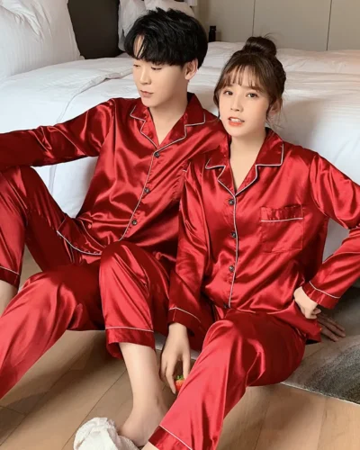 Solid Color Sleepwear Silk Satin Pajamas Couple Set Long Button-Down Pyjamas Suit Pijama Women Men Loungewear Plus Size Pj Set