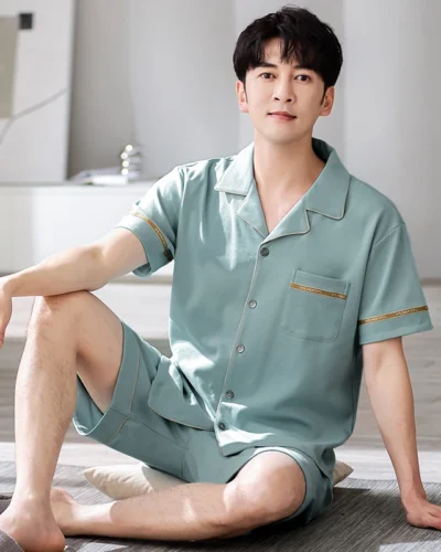 L-4XL Summer Lapel Pyjamas Knited Cotton Men's Pajamas Sets Short Sleeve Shorts Sleepwear Pyjamas Night Pijamas Homewear PJ