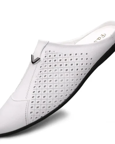 2024 Adult Summer Half Drag Peas Leather Mens Driving Shoes Men's Penny Loafers Men Moccasins Man Mules Tenis Masculino White