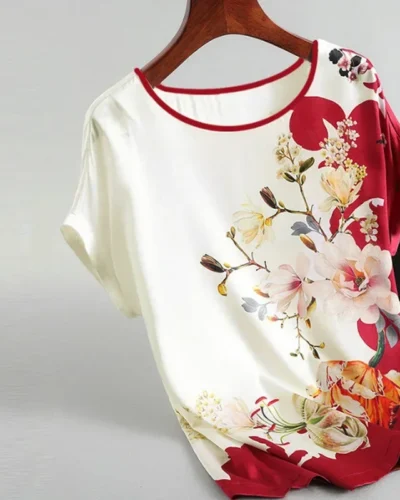 Plus Size Women Silk Satin Blouses Spring Summer Floral Printing Blouse Female Fashion Shirt Tops