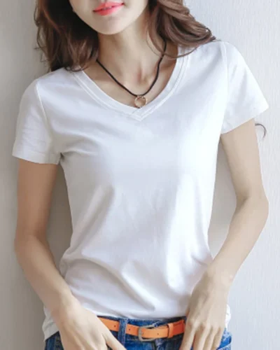 Hot Sale Shirts Summer Women's Short Sleeve Round Neck Casual Blouse Shirts Solid Color Tops Black / White