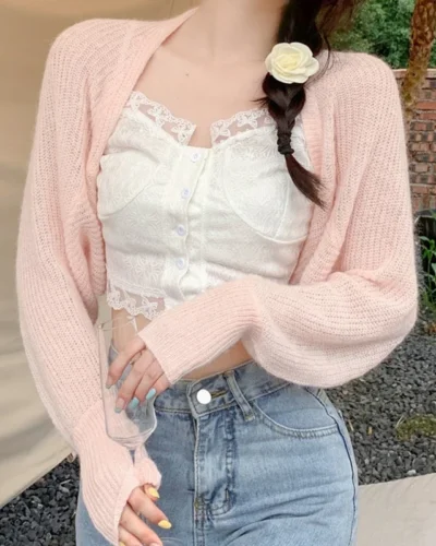 Combhasaki Women's Summer Open Front Bolero Shrug Long Sleeve Solid Color Sun Protection Transparent Knitted Cropped Cardigans