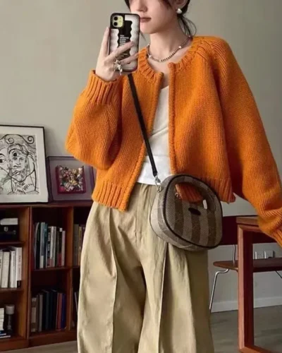 Korean Women Knitted Sweater Autumn Winter Chic Loose Long Sleeve Cardigan Tops Simple Solid Color Sweater Jacket