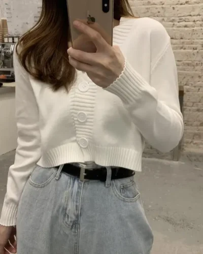 ladies button V-neck pullover sweater women's fall winter outer solid color cardigan long-sleeved short knitted tops