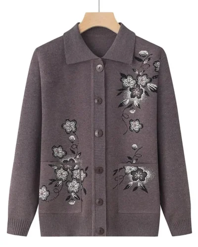 Spring Autumn Long-Sleeve Sweater Women Cardigan Coat New Print Middle-Aged Elderly Knitted Bottoming Shirt Female Tops Jacket