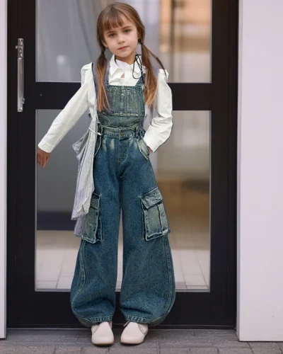 2025 Spring/Autumn Girls Denim Overalls Trendy Detachable Wide-Leg Jeans for Kids Stylish Versatile Casual Two Wear Trousers
