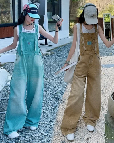 summer teen girls water washed punk wide leg jumpsuit junior kids loose slimming casual Cowboy overalls 4-14 child ropa trousers