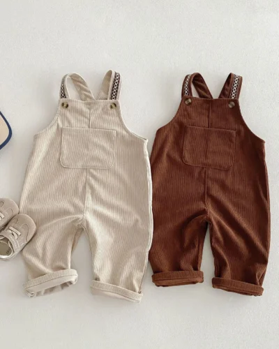 2025 Spring New Children Loose Corduroy Overalls Baby Girls Solid Casual Pants Boys Comfortable Strap Trousers Kids Clothes