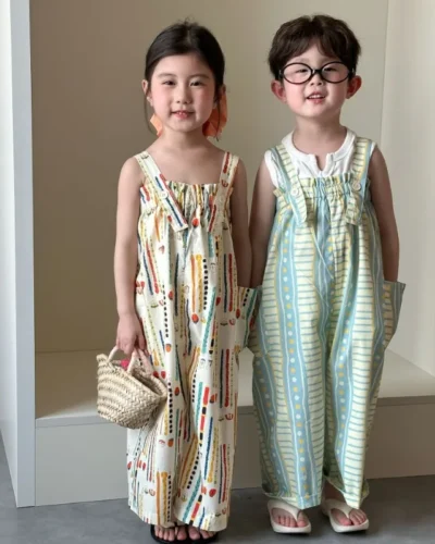 Kids Overalls Vacation Style Girls Big Pockets Straps Wide Leg Pants 2025 Spring Summer Boys Loose Thin Style Casual Trousers
