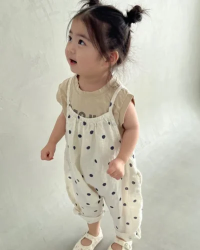 2025 Summer New Girls Loose Overalls Versatile Kids Sling Trouser Baby Dot Print Jumpsuit Toddler Casual Pants Children Clothes