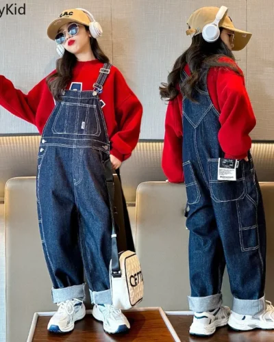 Hip Hop Girls Loose Denim Jumpsuits Label Overalls Dungaree BoysWide Leg Straight Trousers Child Kid Fashion Casual Jeans Pants
