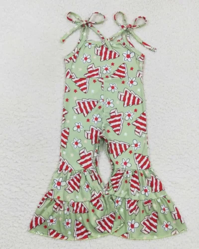 Wholesale Toddler Children Floral Green One-piece Kids Pants Infant Overalls Romper Baby Girls Christmas Cake Trees Jumpsuit
