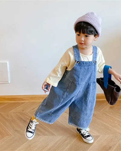 2024 Autumn New Children Loose Overalls boys girls casual all-match denim Trousers Spring Fall Solid Outwear 1-7Y Kids bib pants