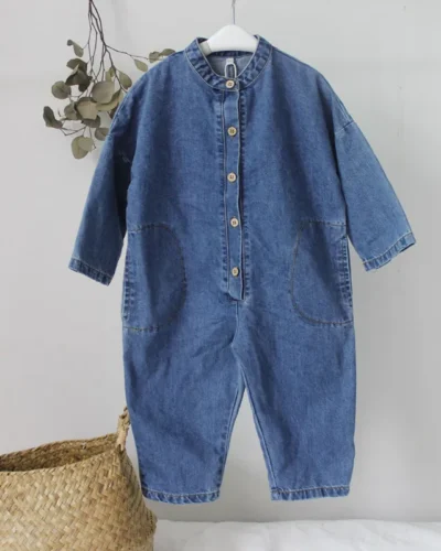 New Spring Autumn Unisex Children Denim Jumpsuits Korean Style Chic Baby Boys Girls Overalls Soft Loose Trousers Kids Clothes