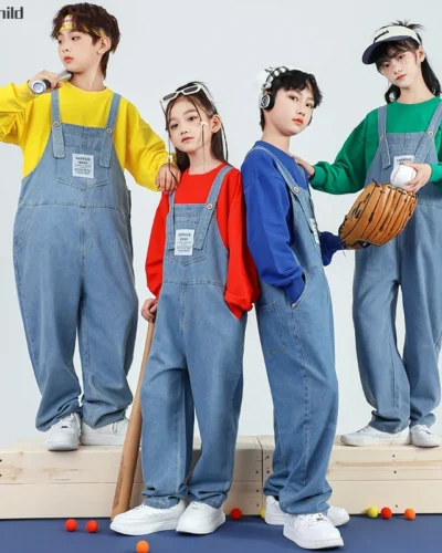 Boys Hip Hop Solid Sweatshirt Denim Loose Overalls Girls Crop Top Kids Dungaree Child Jumpsuit Street Dance Romper Streetwear