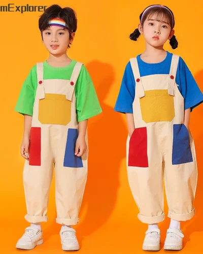 Boys Hip Hop Colored T-shirt Loose Contrast Overalls Girls Patchwork Dungaree Child Jumpsuit Street Dance Romper Kids Streetwear