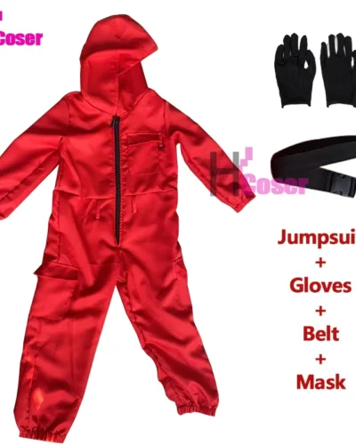 TV Calamari Game Guard Cosplay Costume Red Jumpsuit Outfit Adult Teenagers Tracksuit Hooded Overall Belt Gloves Mask Set Hallowe