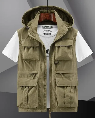 Spring New Outdoor Hooded Fishing Vest Mens Solid Breathable Multi-Pocket High Quality Vest Coat Detachable Hat Sports Vest Male