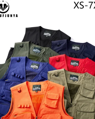 2025 New Summer Men Sleeveless Fishing Tool Webbed Vest Men Breathable Many Pocket Outdoors Camping Thin Vest Male Plus Size 7XL