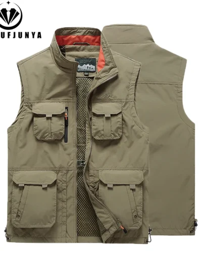 2024 Men Spring Summer Many Pocket Casual Stand Collar Vest Men Sleeveless Solid Color Outdoors Fashion Style Vest Male Coat 6XL