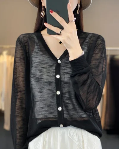 Summer Sunscreen Ice Silk Cardigan Women's V-Neck Long Sleeve Loose Knitted Top Solid Transparent Cardigan Air Conditioned Shirt