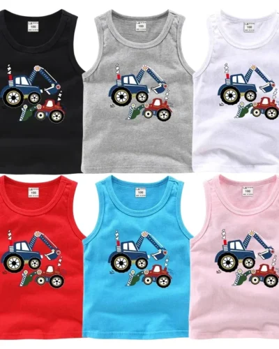 2025 New Summer Camisole Boys Girls Children's Cotton Sleeveless Bottoming Shirt Cartoon Excavator Casual Kids Vest