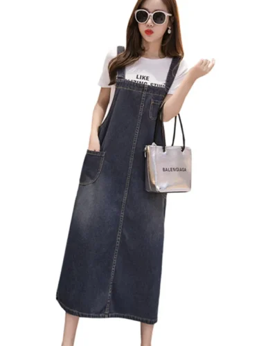 Summer Women Long Denim Dress Sundress Fashion Pockets Casual Loose Overalls Dresses Female Blue Strap Jeans Dress Plus Size 5XL