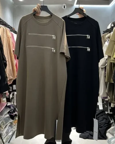 Summer New Zipper Patchwork T Shirt Dress Short Sleeve Round Neck Solid Plus Size Ladies Dresses Fashion Casual Women Clothing