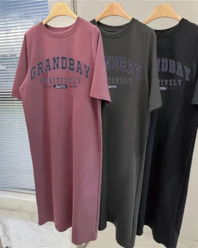 Summer Fashion Casual Trend Retro Letter-print Plus-size Loose Dress Women's Round Neck Casual Short-sleeved Home Wear