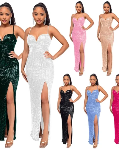 Womens Split halter Dresses formal occasions Criss-Cross Sequin Elegant Party Dresses woman Cocktail Prom Evening Dresses HX56