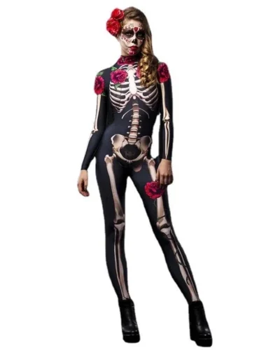 Rose Skeleton Adult Kids Scary Costume Halloween Dress Cosplay Sexy Jumpsuit Carnival Party Baby Girl Rompers Day of The Dead