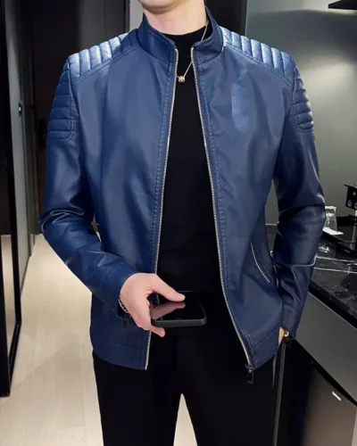 2024 Moto Pu Leather Jacket Men Winter Leahter Jacket Male Stand Collar Casual Windbreaker Trendy Mens Clothing Black Blue
