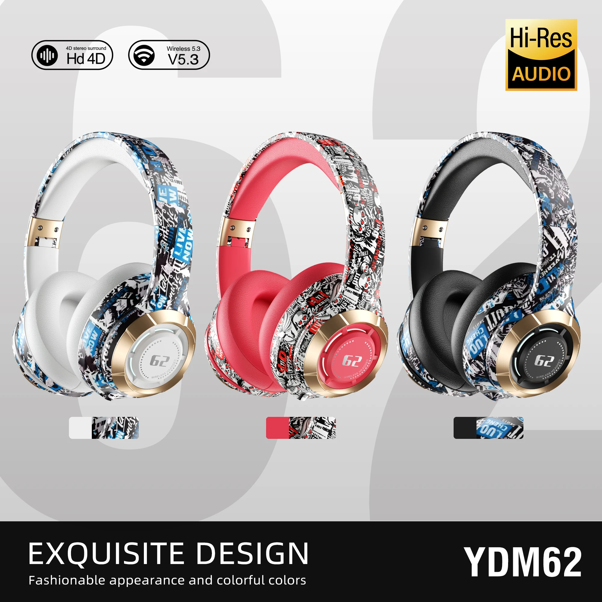 YDM62 Wireless Headphones HiFi Stereo Over Ear Bluetooth Headset With Mic Supports TF Noise Cancel Earphone For Cellphone PC