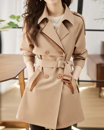 Solid Mid length Trench for Women Fall Winter 2023 New Vintage Turn Down Collar Long Sleeve Jacket Loose Double Breasted Coat