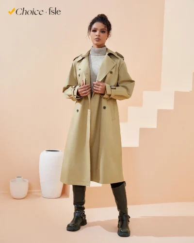 FSLE Women Trench Khaki Autumn Long Trench Coats Turn Down Collar Full Sleeve 100% Cotton Women Oversized Trench 24FS11325