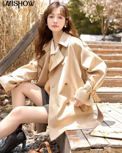 MISHOW Women's Trench 2024 Autumn Vintage Contrast Turn-down Collar Loose Female with Belt Double Breasted Solid Coat MXC44W0040