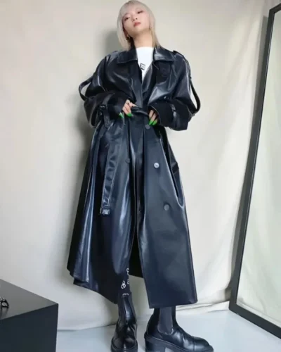 ADAgril Black Leather Trench Coat Women Retro Biker Long Windbreak Jackets Loose Korean Style Fashion Autumn Winter Clothes New