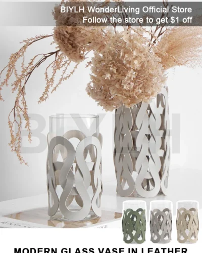 Leather Glass Vase European Luxury Home Decoration Vase Tabletop Vase Decor Leather Wrapped Hydroponic Plant Container Plantpot