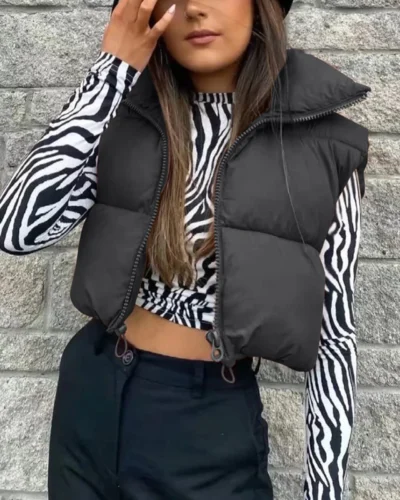 Autumn And Winter Women's Short Cotton Down Vest Short Stand-up Collar Warm Sleeveless Quilted Vest Outdoor Travel Jacket Tops