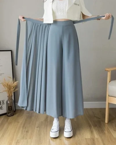 2021 Spring Summer New Style Korean Women Pleated Chiffon Trousers High Waist Pants Hakama Casual Wide Leg Pantalones