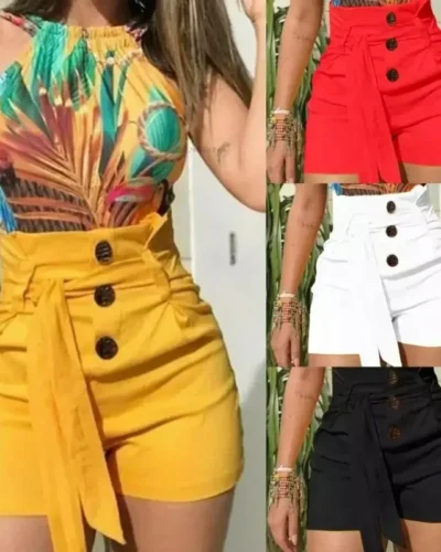 Summer Women's Shorts High Waist Casual Solid Hot Skinny Shorts Black Red White Yellow Shorts Jeans Belt Design Slim Short