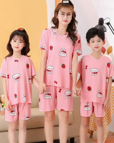 2 pieces for boys and girls pajamas Summer parent-child thin short sleeve cute neutral children's set Cute Children's homewear